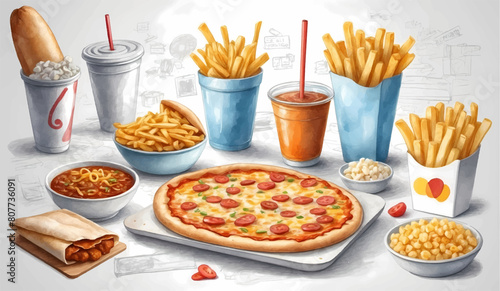 All Fast Food collection set, isolated on white background. Fried chicken, fries, pizza, sandwich, chicken nuggets, eggs and bacon, shawarma, prawns. Junk food of Fast Food set. Closeup of fast foods.