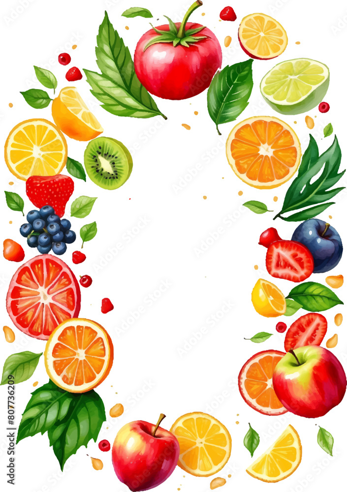Eco food menu background. Watercolor hand drawn fruits. Vector illustration Eco food menu background. Watercolor hand drawn fruits. Vector illustration
