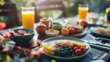 Inviting morning breakfast scene showcasing a scrumptious spread, perfect for food-related content