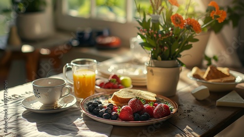 Wallpaper Mural Morning breakfast spread, table setting with no people, freshly baked goods, coffee, fruits Torontodigital.ca