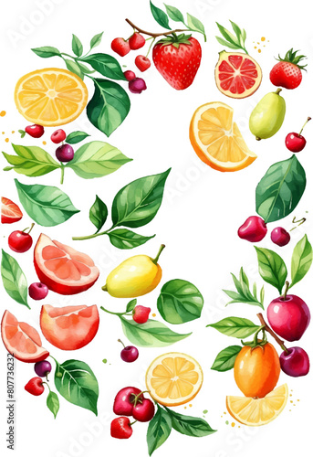 Eco food menu background. Watercolor hand drawn fruits. Vector illustration