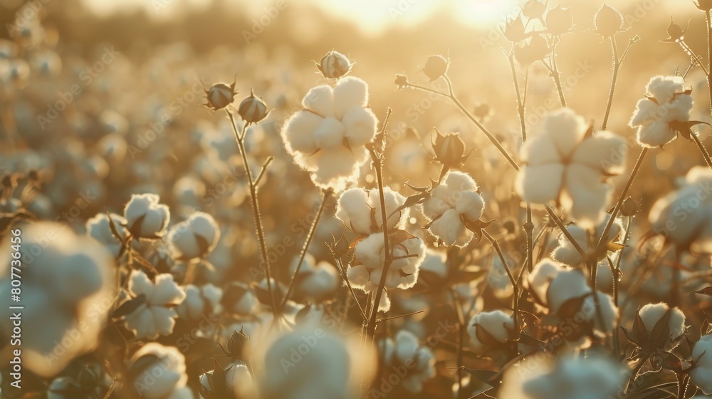 Organic cotton harvest for eco-friendly textile industry - field of white bolls, sustainable raw material