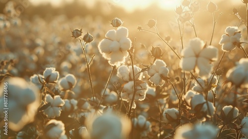 Organic cotton harvest for eco-friendly textile industry - field of white bolls, sustainable raw material