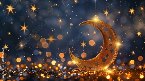 A sparkling golden crescent moon ornament with stars hanging against a glittery blue and gold background.