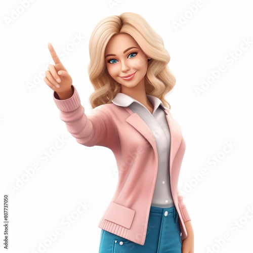Cute blonde young woman pointing to, 3D render style, isolated on white background 