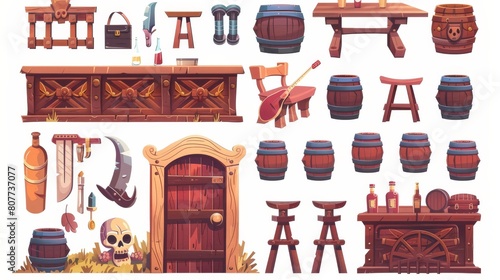 Various western retro bar stuff for cowboy saloon. Wooden swing door, table, chair, piano, counter desk with beer taps, wine barrel, banjo and skull. photo
