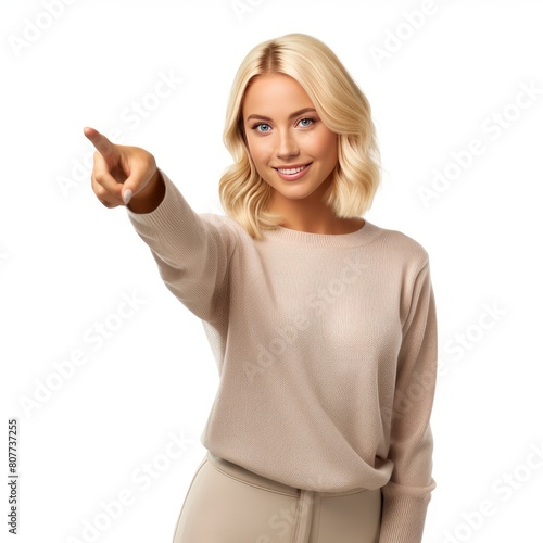Wallpaper Mural Cute blonde young woman pointing to, 3D render style, isolated on white background  Torontodigital.ca