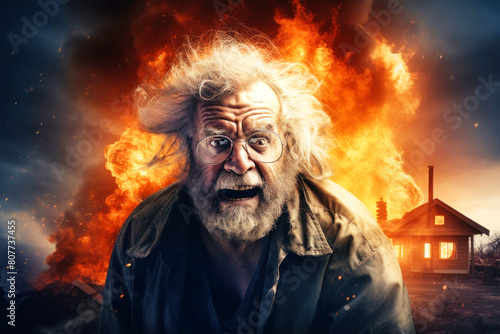 An elderly man stands stoically in front of a burning house, surrounded by flames and smoke, a symbol of resilience in the face of destruction
