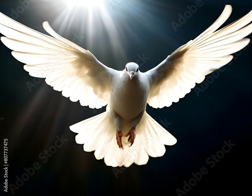 A white dove flies with wings spread wide at us from the darkness in the rays of light