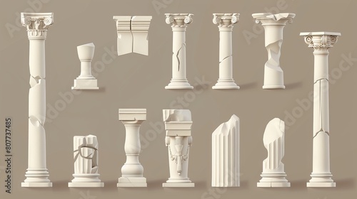 Ancient classic ivory marble, stone Greece classic architecture, antique interior colonnade facade design, realistic 3d modern obelisks set.