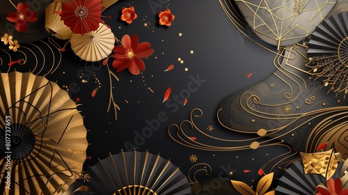 Elegant Asian-inspired design with decorative fans  red flowers  and golden elements on a dark background.