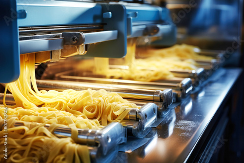 A detailed close-up of a pasta machine in action, meticulously crafting delicious strands of pasta
