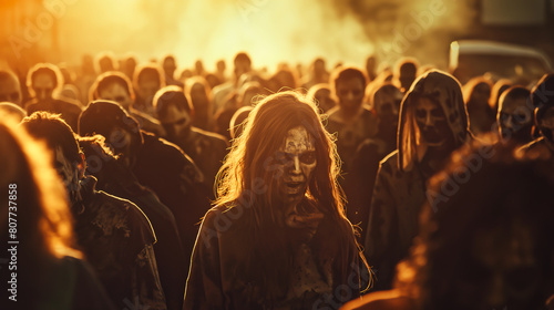 Hordes of undead, Zombie walking in the abandoned town, Beginning of the zombie apocalypse, Zombie crowd walking 