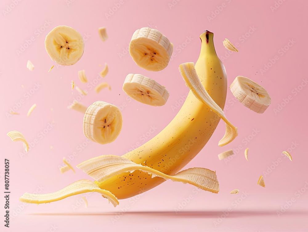 A levitating, sliced banana with its pieces separated on a pastel pink background A levitating, sliced banana with its pieces separated on a pastel pink background
