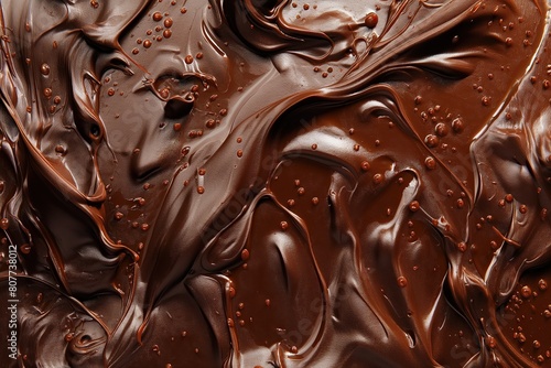 Luxurious close-up of glossy melted chocolate with bubbles creating a rich, tempting texture