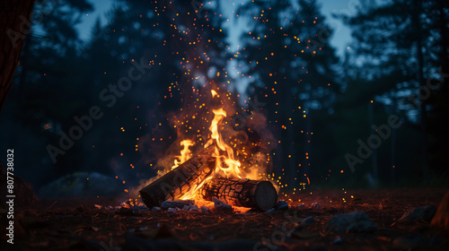 A vibrant campfire burns with rising sparks in a dark forest at dusk, creating a mesmerizing and warm outdoor scene.