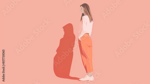 Illustration of a woman looking at her shadow in a different, slimmer silhouette on a peach background.