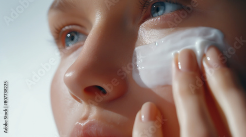 Close up face of young woman applying cream of his face. Applying moisturizing skincare cream, Fresh and healthy complexion