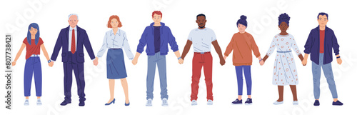 Human chain, vector cartoon people team or group different nationalities, ages with holding hands in row unity community photo