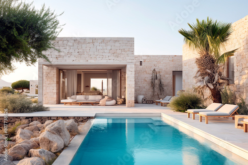 Luxury modern vacation home with a swimming pool. Sunbeds, relaxing vacation Mediterranean	