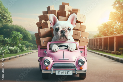 In this imaginative digital artwork, a white French bulldog takes the wheel of a pink toy car stacked high with boxes,