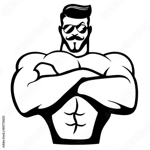 Cartoon muscular hipster bodybuilder in sunglasses, vector, logo, cartoon, illustration, mascot, character