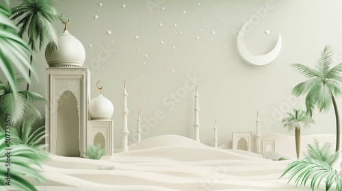 Artistic illustration depicting a tranquil desert scene with minarets and a crescent moon, ideal for Eid celebrations. photo