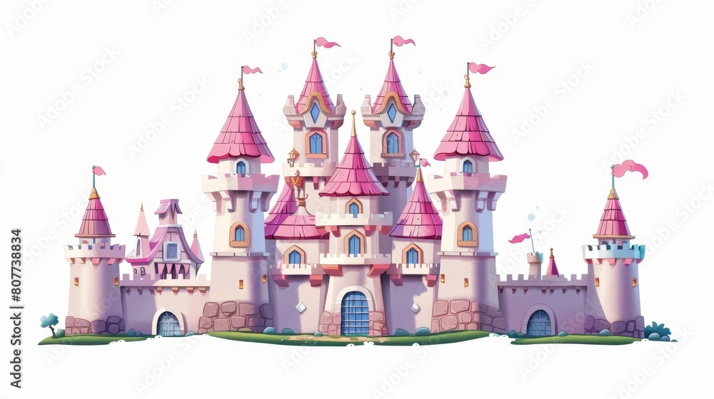 The castle of a fairy princess in pink, a cartoon modern illustration isolated on white