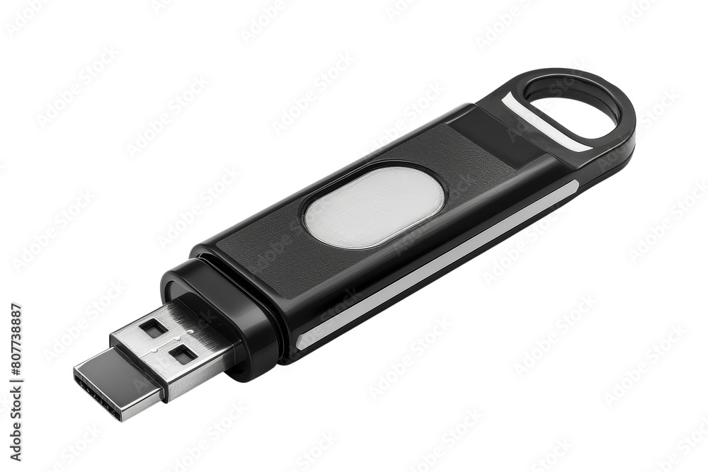 The image shows a black and white USB flash drive The image shows a black and white USB flash drive
