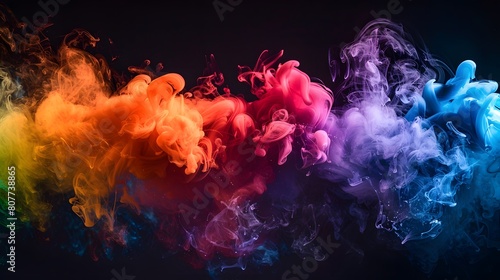 Colorful smoke explosion on a black background, vibrant colors of blue, pink, orange and yellow paint photo