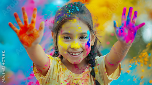 Portrait of a cute little girl playing with colorful holi powder