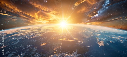 Panoramic view of the Earth, Sun, stars and galaxy. Sunrise over planet Earth, view from space photo