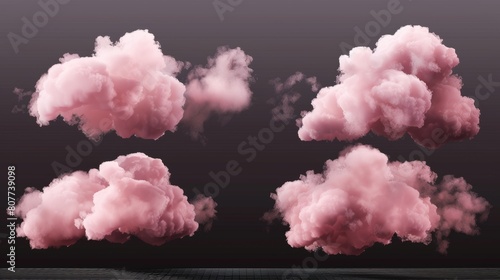 A realistic 3d modern icon set of pink clouds, sunset and sunrise fluffy spindrifts and cumulus eddy particles flying on a transparent background. Weather, nature and climate design elements. photo