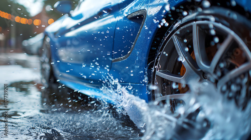 Car with water splashes on a city street © Liliya