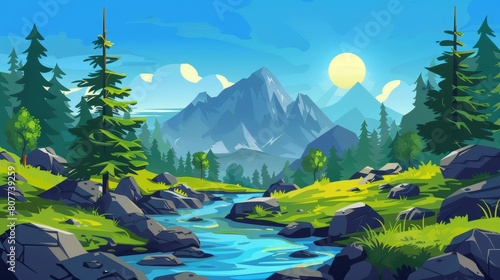 An illustration of a mountain landscape with forest and water stream. A modern cartoon illustration of coniferous woods, a brook, rocks and the sun in a blue sky. photo