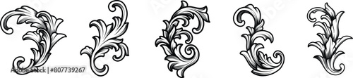 Baroque border vintage ornament set. Floral filigree engraved element, flourish frames and borders.