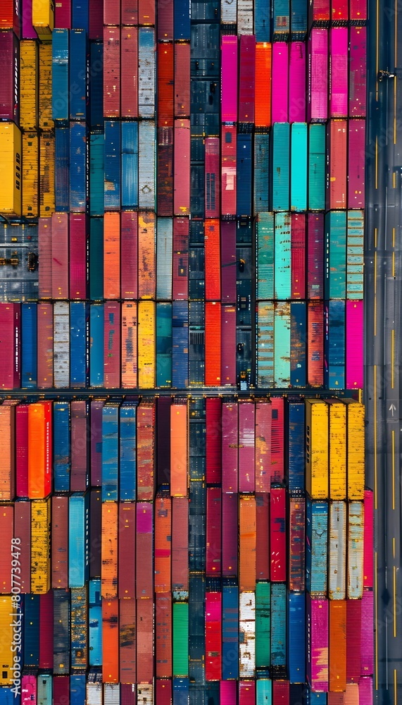 Aerial view of colorful shipping containers stacked in an industrial dock, symbolizing global trade and containerization
Aerial view of colorful shipping containers stacked in an industrial dock, symbolizing global trade and containerization