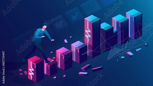 Changes and actions that disrupt or succeed a business are the Domino effect. Modern landing page shows falling dominos pushed by a man while one escapes. photo