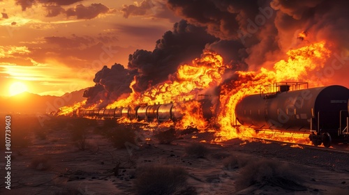 Dramatic scene of a fiery train derailment in a desert at sunset, with huge flames and smoke clouds.