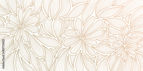 Vector art deco line gold pattern, luxury leaf floral texture, nouveau background. Modern design, jungle ornament, vintage decor element. Fancy nature illustration on white.