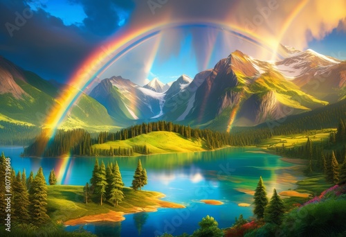 vibrant double rainbow arching over majestic scenery  colors  curve  landscape  view  colorful  twin  multicolored  vivid  dual  spectrum  impressive