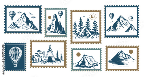 Camping set, stamp, Mountain landscape, hand drawn style, vector illustration.   © Tatiana