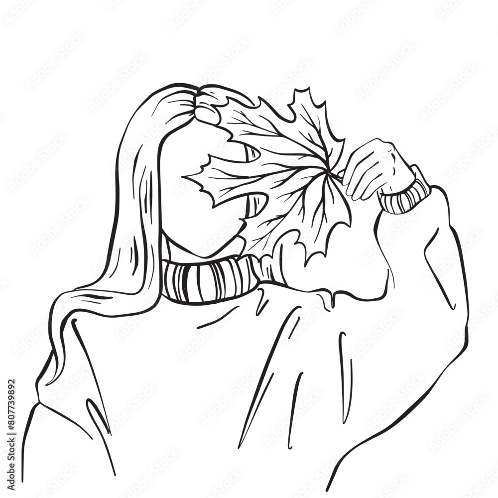 A drawing of a woman standing and holding a leaf in her hand. The womans features are detailed, and the leaf is large and intricately designed. A drawing of a woman standing and holding a leaf in her hand. The womans features are detailed, and the leaf is large and intricately designed.
