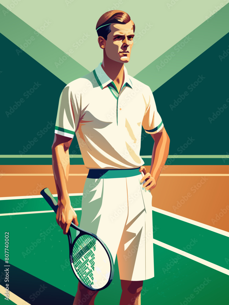 Vintage-Style Illustration of a Tennis Player on Court
