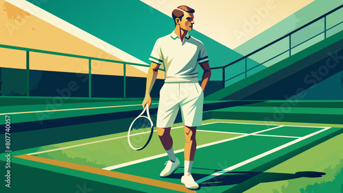 Vintage-Styled Illustration of a Tennis Player on Court