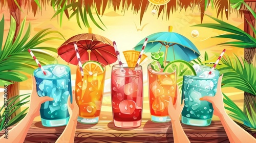 Cocktail party banner with beach bar, coconuts, straws, and umbrella. Modern poster with cartoon illustration of hands holding exotic tropical cocktails on wooden hut background.