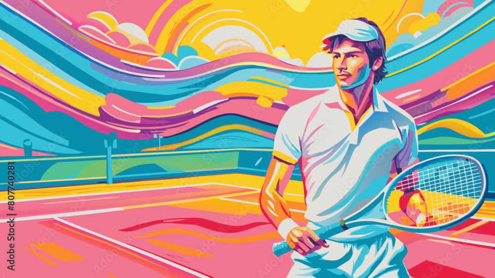 Vibrant Retro Style Illustration of Tennis Player on Court