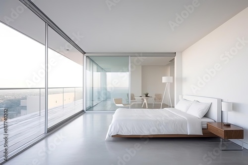 Minimalist Bedroom with White Bed and City View  photo