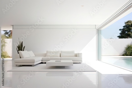 Minimalist Living Room with White Couch and Pool View 