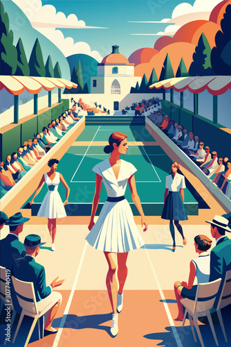 Vintage Tennis Match Illustration with Fashionable Spectators